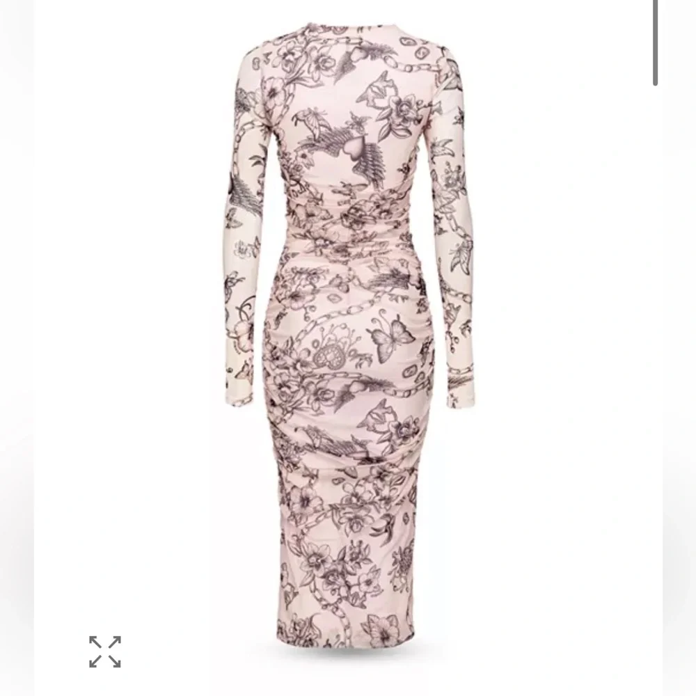 Pinko Aderente Tattoo Print Floral Pink Ruched Mesh Long Sleeve Dress Size L NWT - Picture 5 of 6